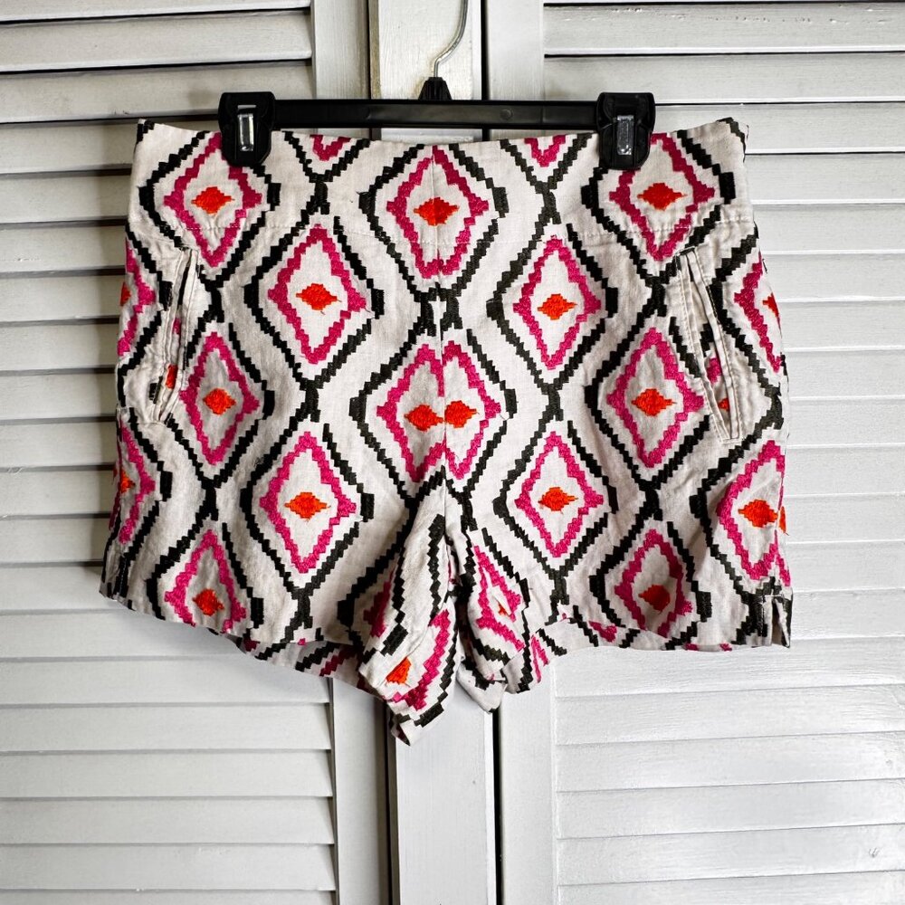 ANN TAYLOR LOFT THE RIVIERA SHORT SZ 10 HIGH WAISTED LINEN EMBROIDERED GEOMETRIC